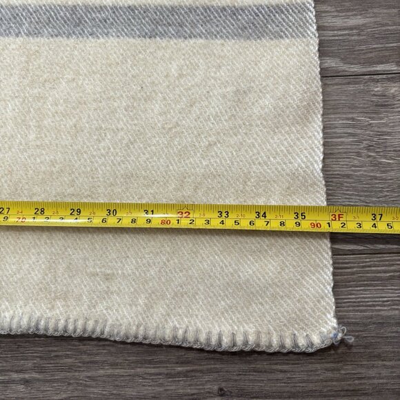 Vintage 100% Wool Blanket 36x74 Ivory Blue Stripe Throw Camp Cabin Decor Cottage - Picture 7 of 8